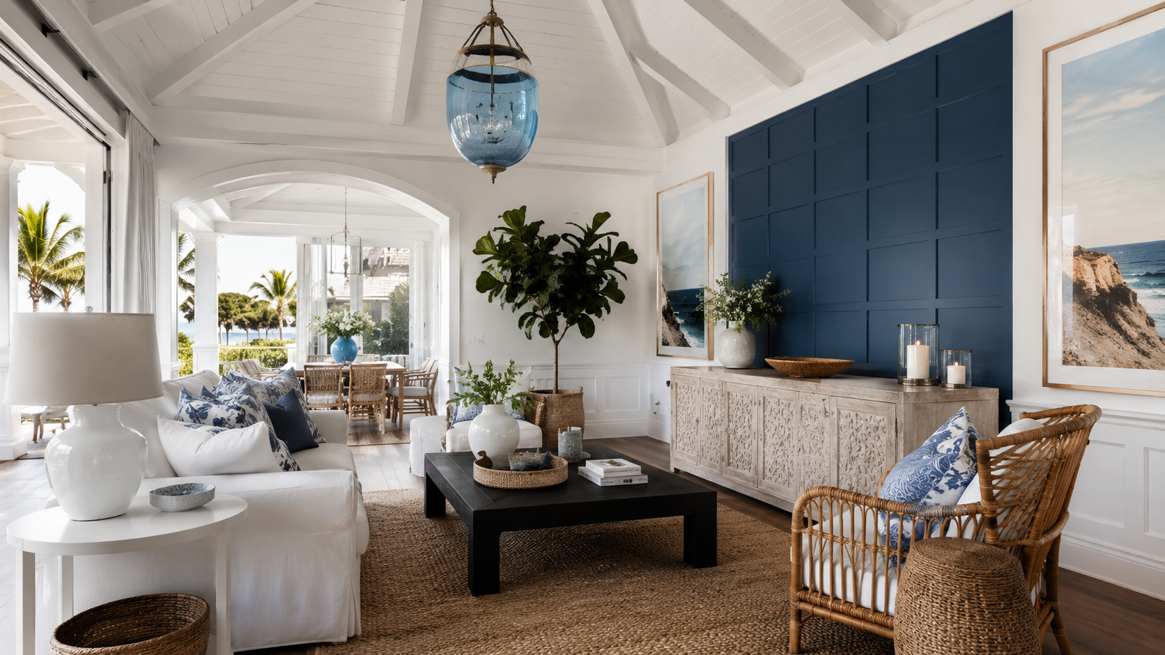 Rosemary Beach Bungalow - coastal living room with white sofas, navy accent wall, rattan furniture, and blue pendant light
